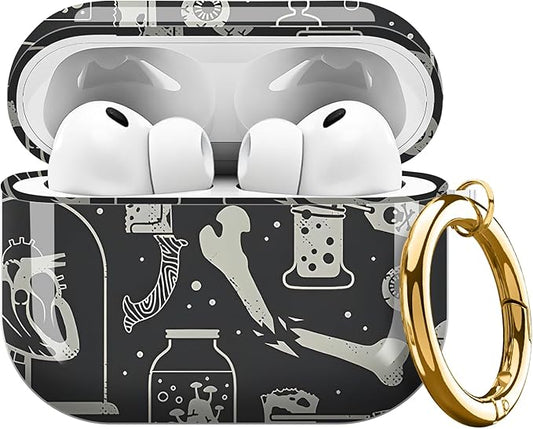 AirPod Pro 3 (2025) Case Cover for Women, Cute Shockproof TPU Protective Case with Gold Round Buckle, Anti-Drop Design Skulls