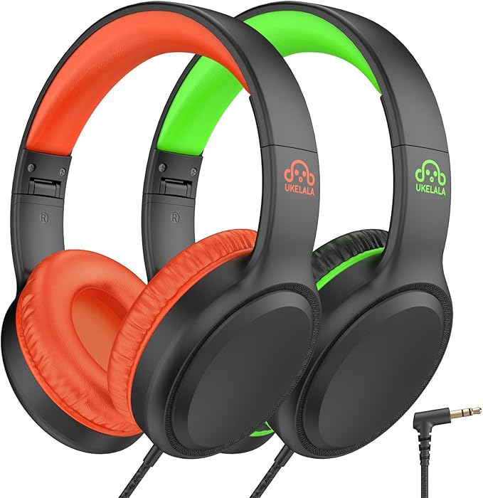 U2 2 Pcs Wired Headphones for Kids Boys Girls, On Ear Youth Headphones for School Airplane Travel, Lightweight Portable Compatible with Tablet Computer Laptop for Adults Student Green & Orange