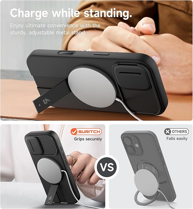SURITCH for iPhone 17 Case with Camera Control Cover, Camera Slide Cover and Adjustable Kickstand, Compatible with MagSafe, Shockproof Bumper Protective Cases 6.3 Inch, Black