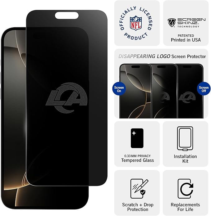 NFL Los Angeles Rams Privacy Screen Protector for iPhone 14 Pro with Disappearing Logo - Scratch-Resistant and Easy-to-Install Screen Protectors (Includes Installation Tray)