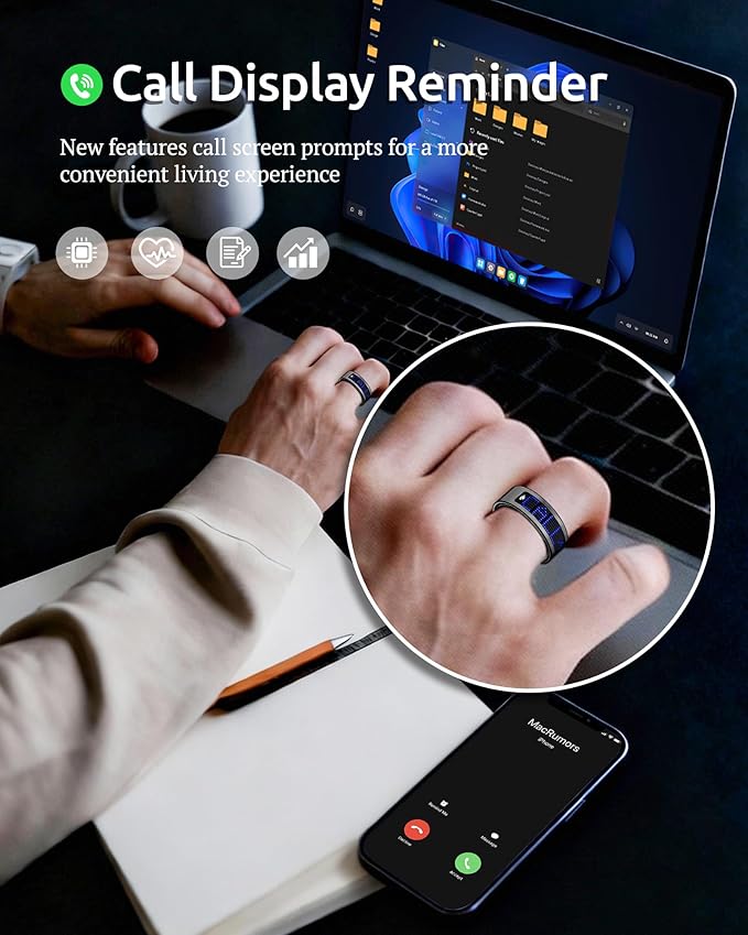 Smart Ring for Women & Men with Display, Health Ring with Heart Rate, Sleep Monitor, IP68 Waterproof Fitness Ring, Fitness Tracker Ring, No APP Fee for iPhone and Android (Black, 13#)