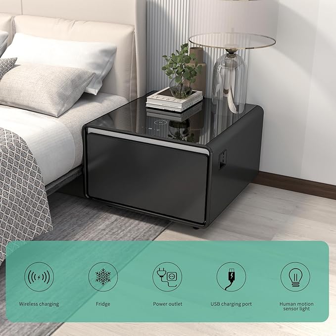 Smart Side Table with Fridge, Smart Nightstand with Refrigerator, Induction Light, Temperature Control, Wireless Charging, Power Socket, USB Ports, Outlet Protection (Black, LT65 Pro)
