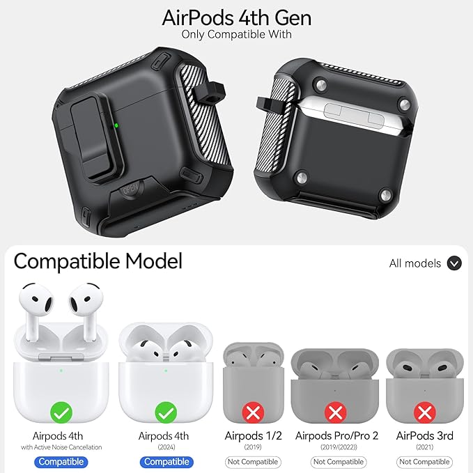 for AirPods 4 Case (2024) with Phone Stand,（with Automatic Snap Switch） Carbon Fiber Design Protection Cover with Cleaning Pen,Black