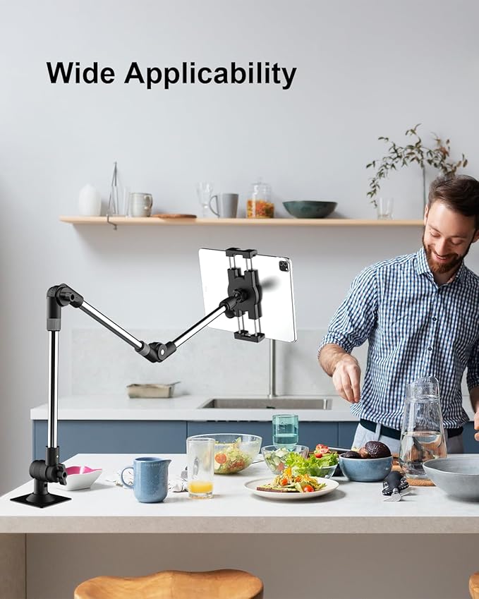 Tablet Wall Mount Holder, 35" Aluminum Foldable Arm, 360 Degree Angle Adjustable for Kitchen/Desk, for iPad Pro Air Mini, Galaxy Tab, Z Fold, Fire HD, Switch, iPhone, Camera, Webcam, 4.7-13" Devices