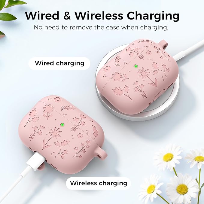 AhaStyle AirPods Pro 3 Case Cover (2025) Flower Engraved Cute Silicone AirPods Pro 3rd Generation Case Full Body Shockproof Cover Skin for Apple AirPods Pro 3rd Gen with Cleaning Kit for Women Girls