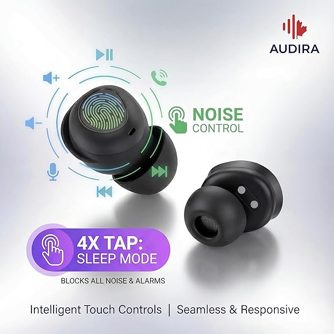 AUDIRA Mini Wireless Sleep Earbuds for Side Sleepers, Bluetooth 5.4 in-Ear Ear Buds with Noise Cancelling, IPX4 Waterproof Headphones, Touch Control, Digital Display Charging Case – Black