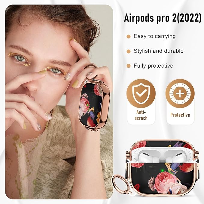 Maxjoy for Cute Airpods Pro 2 case with Safety Lock,Compatible Airpods Pro Case 2nd/1st Gen,Compatible Rose Flowers AirPods Case Cover for Women Girly with Keychain-Red White