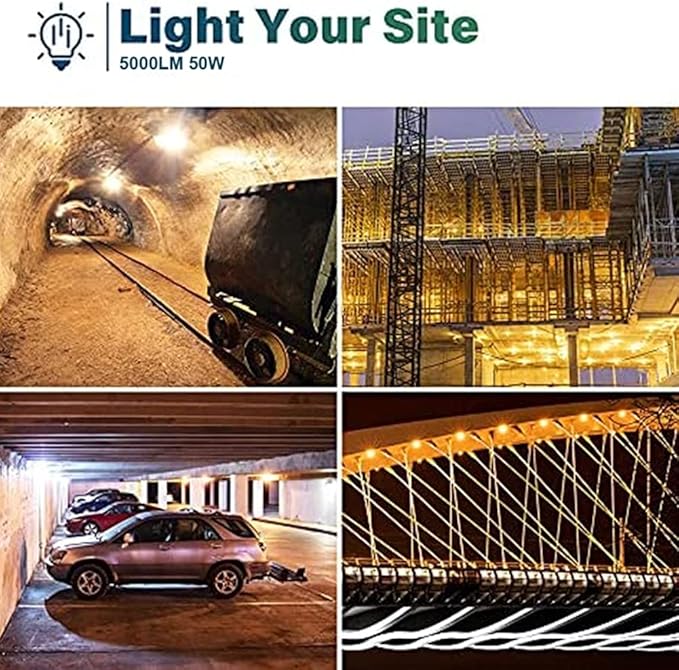 Construction Lights String Temporary Lighting, 50ft Work String with 5 Integrated Jobsite LED Lights 5000LM Super Bright, Carabiner Hooks - 5 Bulbs