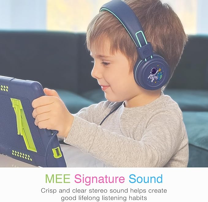 MEE audio KidJamz KJ55 Wired Children’s Headphones with 3.5mm Plug, Colorful Graphics, Volume Limiter & Microphone, Adjustable On-Ear Kids Headset for Online Learning/School/Travel/Tablet (Blue)