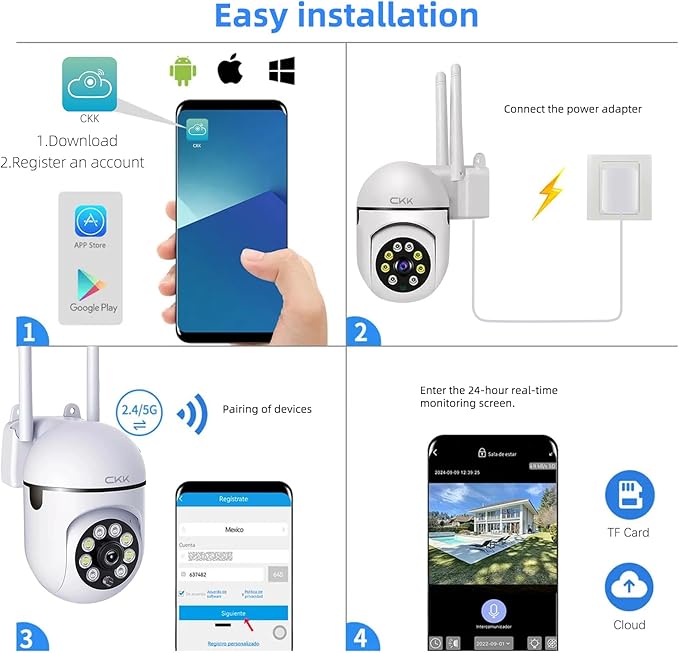 CKK 1080P Security Camera Wireless, 2MP PTZ WiFi Home Camera (2.4G/5G Dual-Band), 360° Pan/Tilt, Color Night Vision, Motion Alerts, 2-Way Audio, Compatible with Alexa, SD/Cloud Storage