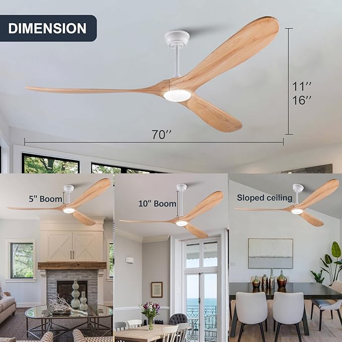 72 Inch Ceiling Fan with Lights and Remote, 3 Wood Fan Blades Ceiling Fan with Quiet Reversible DC Motor Indoor Outdoor for Patios Living Room Bedroom Study