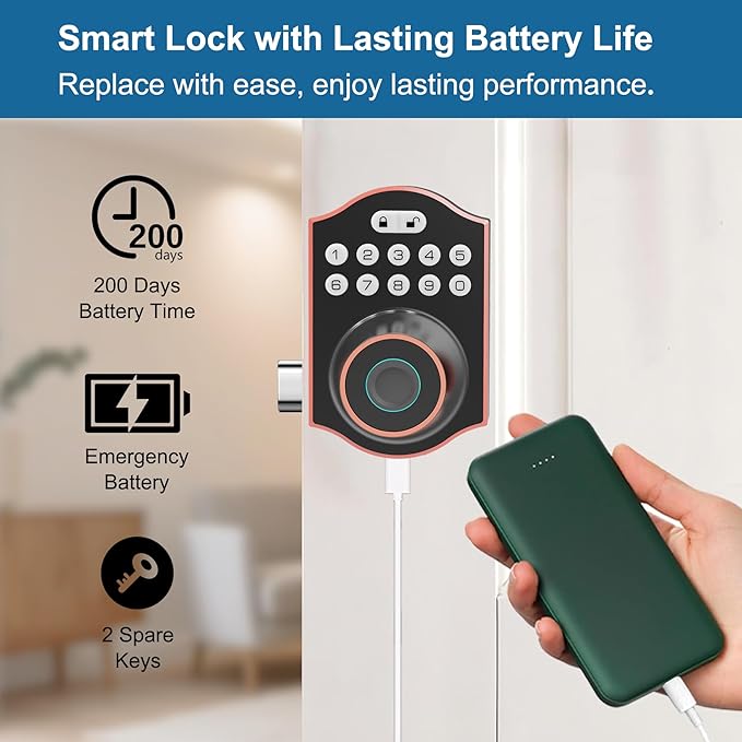 Fingerprint Smart Door Lock Keyless Entry, Keyless Entry Door Lock with Keypad, App Control, Auto Lock, Easy to Install, Smart Deadbolt for Home, Airbnb, Apartment (Antique Bronze)