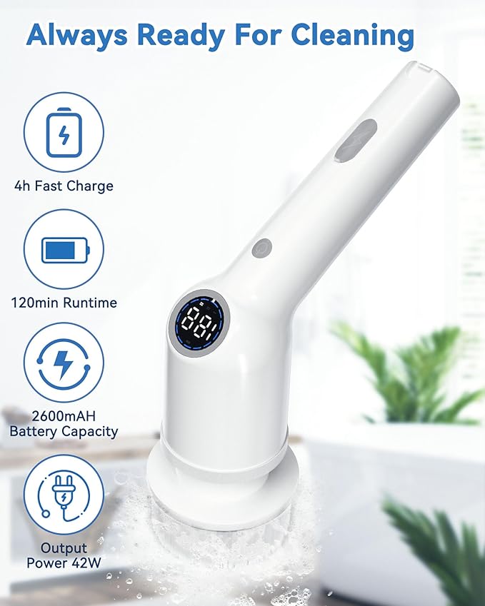 Electric Spin Scrubber for Bathroom,Shower Cleaning Brush,Cordless Shower Scrubber with 8 Replaceable Brush Heads and Adjustable Extension Handle,3 Adjustable Speeds for Kitchen Car, White