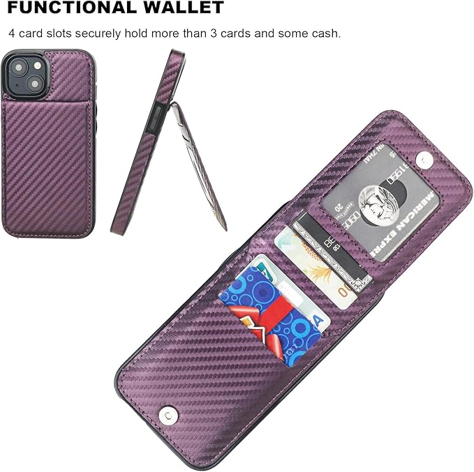KIHUWEY Compatible with iPhone 15 Case Wallet with Credit Card Holder, Flip Premium Leather Magnetic Clasp Kickstand Heavy Duty Protective Cover for iPhone 15 6.1 Inch (Carbon Purple)