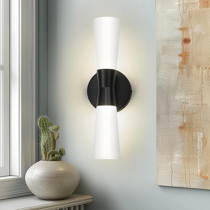 kudos Bathroom Sconces Set of 2, 16inches Black Vanity Light Fixtures, Modern Bathroom Light Fixtures with Milk White Glass, Dimmerable 3000K/4000K/5000K for Bedroom Hallway, KDVL13-BK-2PK