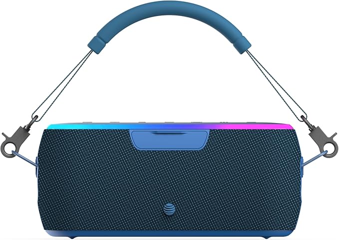 AT&T Essentials 40W Portable Bluetooth Speaker – IPX6 Waterproof, Wireless Dual Pairing, 15H Playtime, Removable Strap/Handle – Home/Kitchen/Outdoor Use (Blue)