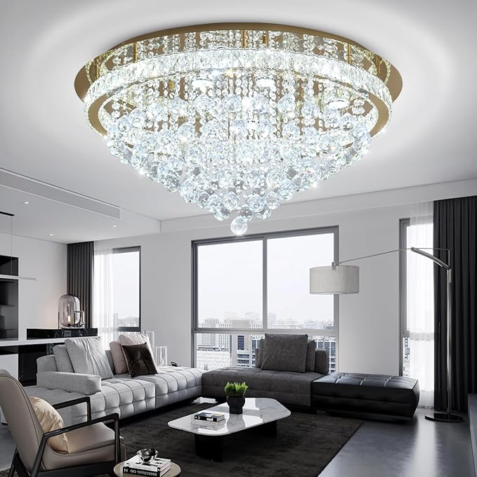 Dia 32" Modern Crystal Chandeliers for Dining Room,Gold Raindrop Chandelier Flush Mount Chandeliers for Living Room Bedrooms Dining Room Dimmable 2700k 4500k 6000k