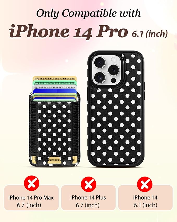 Shorogyt for iPhone 14 Pro Case Wallet - Fits 5 Cards, Compatible with Magsafe Detachable Magnetic Credit Card Holder Leather Cardholder Cute Phone Cover Women Girls for Apple 14Pro, Polka Dots