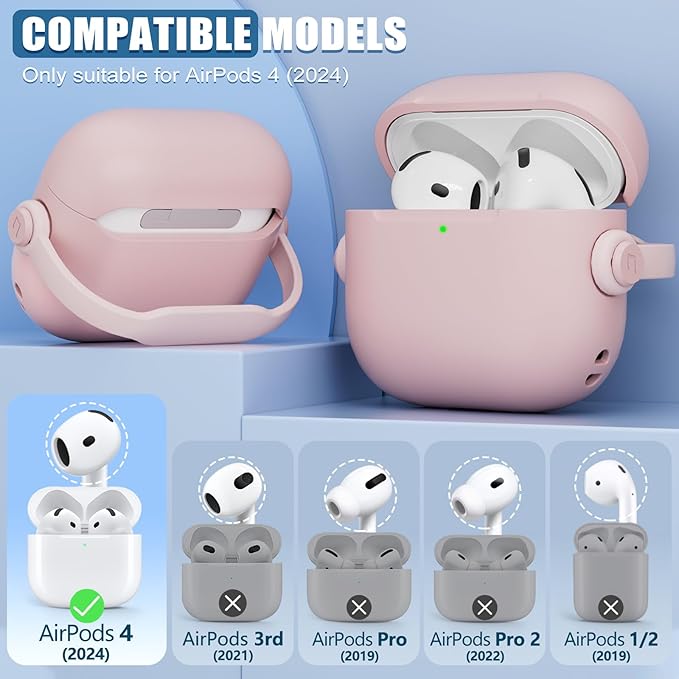 with Safety Lock for Airpods 4 Case, TPU Case for Apple Airpods 4 Case 2024 USB-C with Cleaner Kit, Drop Protection Airpods 4 Case Cover with Lock and Keychain, Cherry Blossom Pink