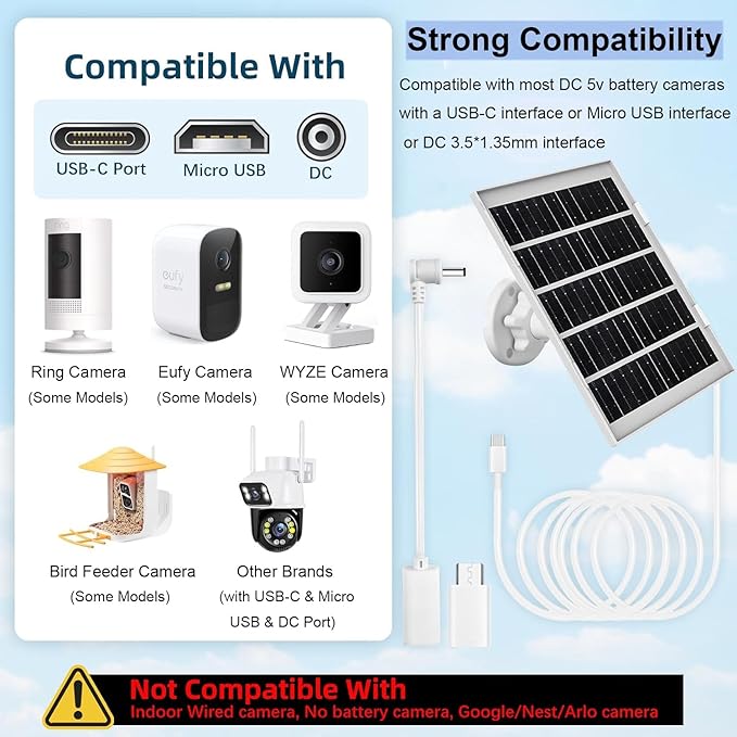 8W Solar Panel Charger for Outdoor Security Cameras, with Micro USB/USB-C and DC (35 x 135) Port, Fits Ring/Eufy/Wyze/Bird Feeder Camera, 13ft Cable, Fast Charging (2 Pack)