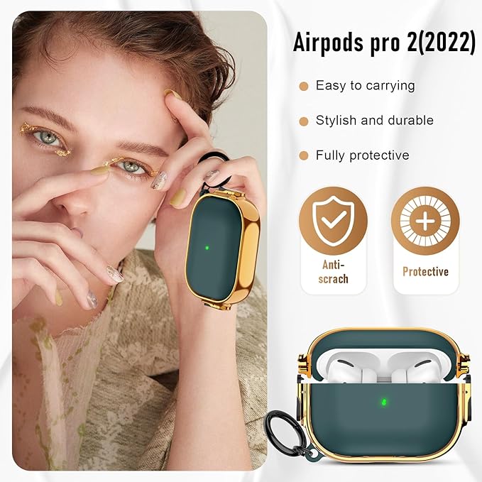 Maxjoy for Cute Airpods Pro 2 case with Safety Lock,Compatible Airpods Pro Case 2nd/1st Gen,Compatible Plating Solid Color AirPods Case Cover for Men Women Girly with Keychain-Green