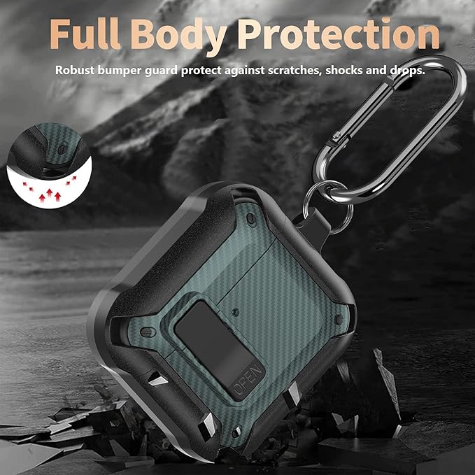 for Airpods 4 Case with Lock Clip, Rugged Apple Airpods 4th Generation Cover 2024 Men Women, Armor Shockproof iPod 4 Gen Protective Hard Shell with Carabiner&Cleaner kit,CF Black/Green