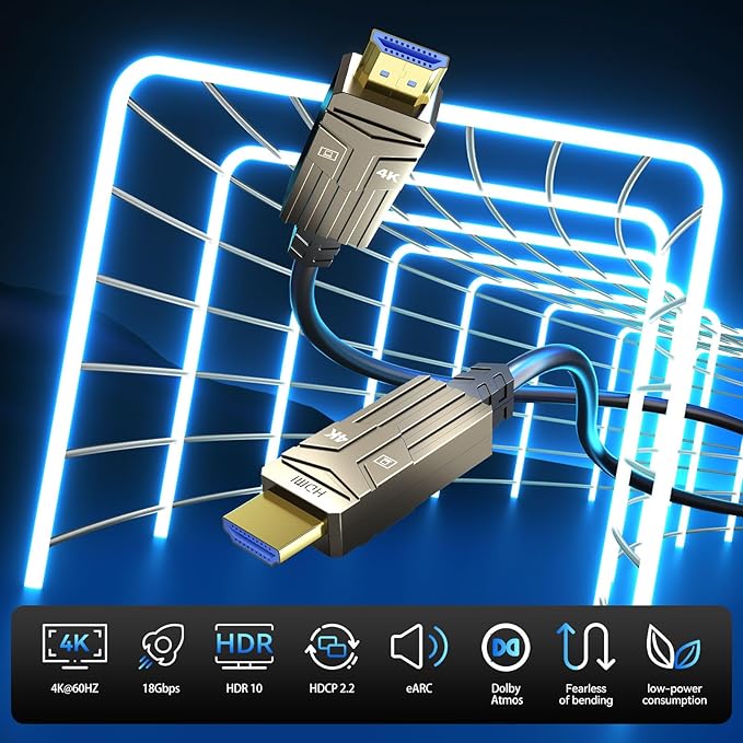 Fiber Optic HDMI Cable 150ft,18Gbps 4K@60Hz(4:4:4) Unidirectional Active 2.0 Cord,Support HDR10 ARC HDCP 2.2 3D CEC Atmos DTS:X, Ultra high Speed Flexible and Slim（45m）