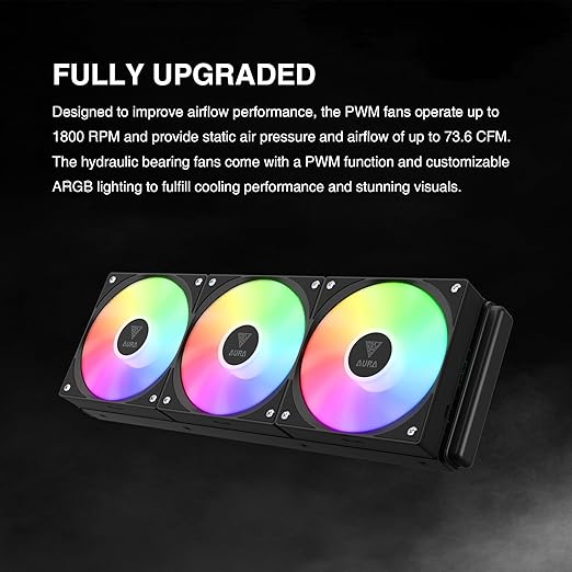 GAMDIAS Aura GLV2 360mm AIO Liquid CPU Cooler, Rotatable Performance 10-Pole Pump, 3 x 120mm Daisy-Chained Hidden Cable Fans, Low-Noise PWM & ARGB Sync Ready, Intel LGA 1851/1700；AMD AM5/AM4, Black