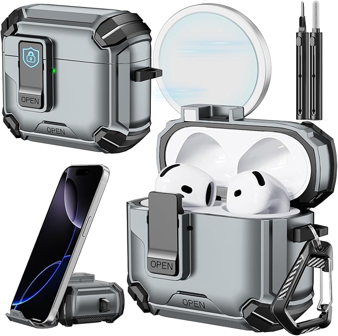 Inesore Compatible with AirPods 4th Case with Phone Stand & Cleaning Kit,Compatible with Magsafe,Magnetic Automatic Lock for Airpods 4 with Active Noise Cancellation Charging Cover (2024)
