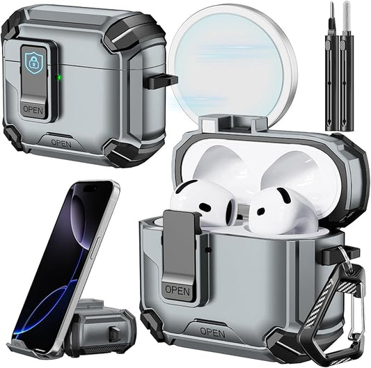 Inesore Compatible with AirPods 4th Case with Phone Stand & Cleaning Kit,Compatible with Magsafe,Magnetic Automatic Lock for Airpods 4 with Active Noise Cancellation Charging Cover (2024)