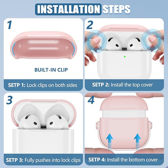 with Safety Lock for Airpods 4 Case, TPU Case for Apple Airpods 4 Case 2024 USB-C with Cleaner Kit, Drop Protection Airpods 4 Case Cover with Lock and Keychain, Cherry Blossom Pink