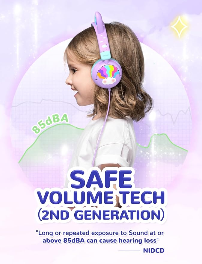 iClever Kids Headphones Cat Ear, LED Light Up, 85dBA Safe Volume, Stereo Sound Toddler Headphones for Travel School, Foldable 3.5mm Wired Kids Headphone for iPad Tablets, Meow Lollipop-Purple