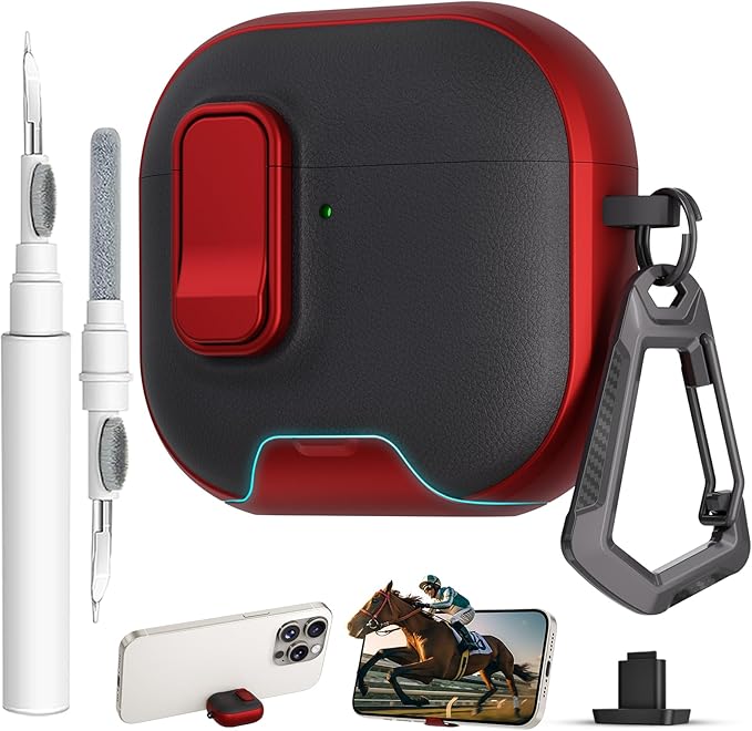 for AirPods 4 Case with Lock,TPU Leather Texture Protective Durability Anti-Lost & Shockproof Protective Cover Accessories with Cleaning Kit in Keychain for Apple AirPods 4 Generation (Red/Black)