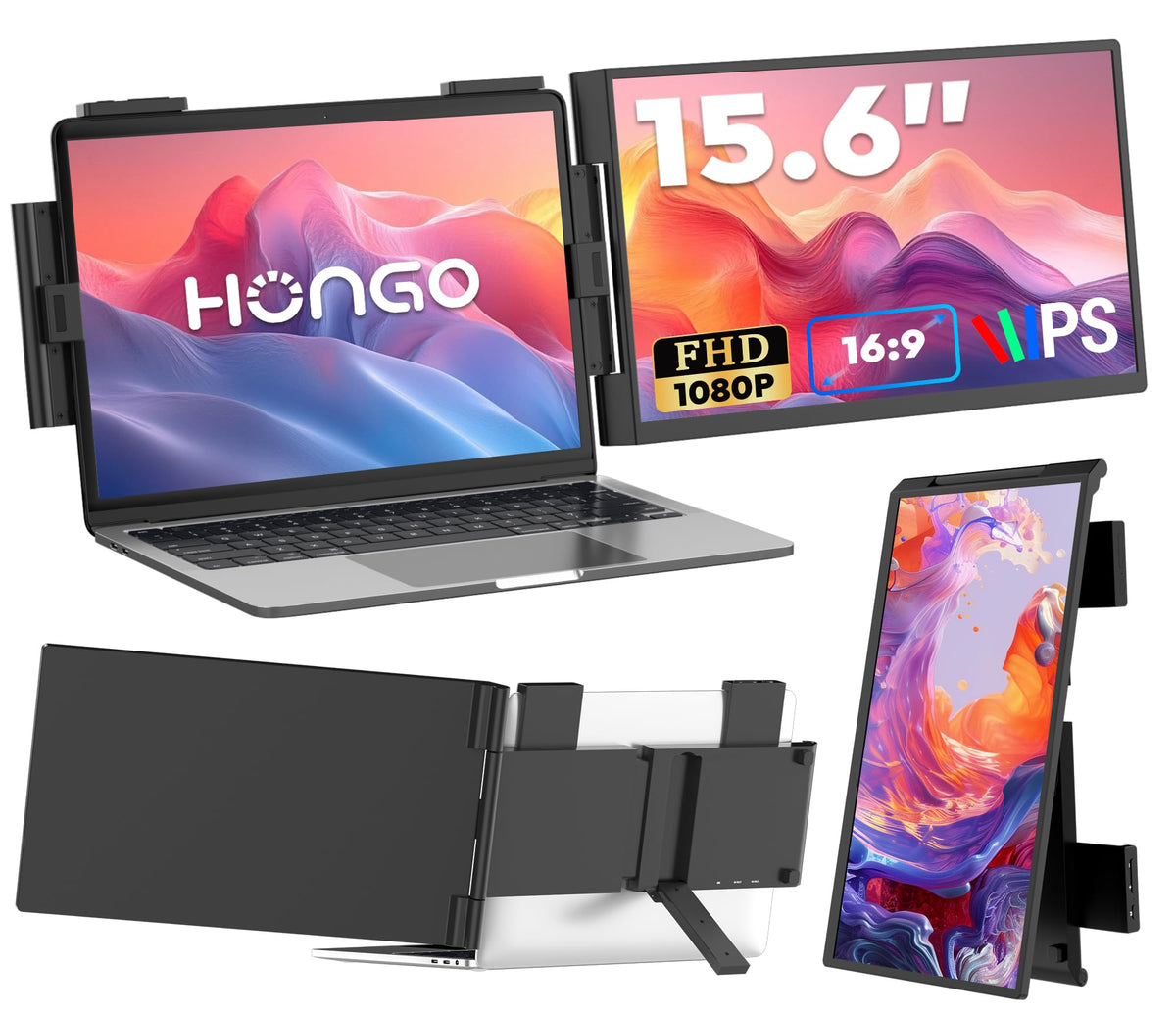 HONGO Laptop Screen Extender, 15.6" FHD 1080P Dual Monitor, Laptop Monitor Extender for 14"-16" Laptops, Second Screen with USB-C/HDMI Port, Plug n Play for Windows/Mac/Android/Switch/PS5