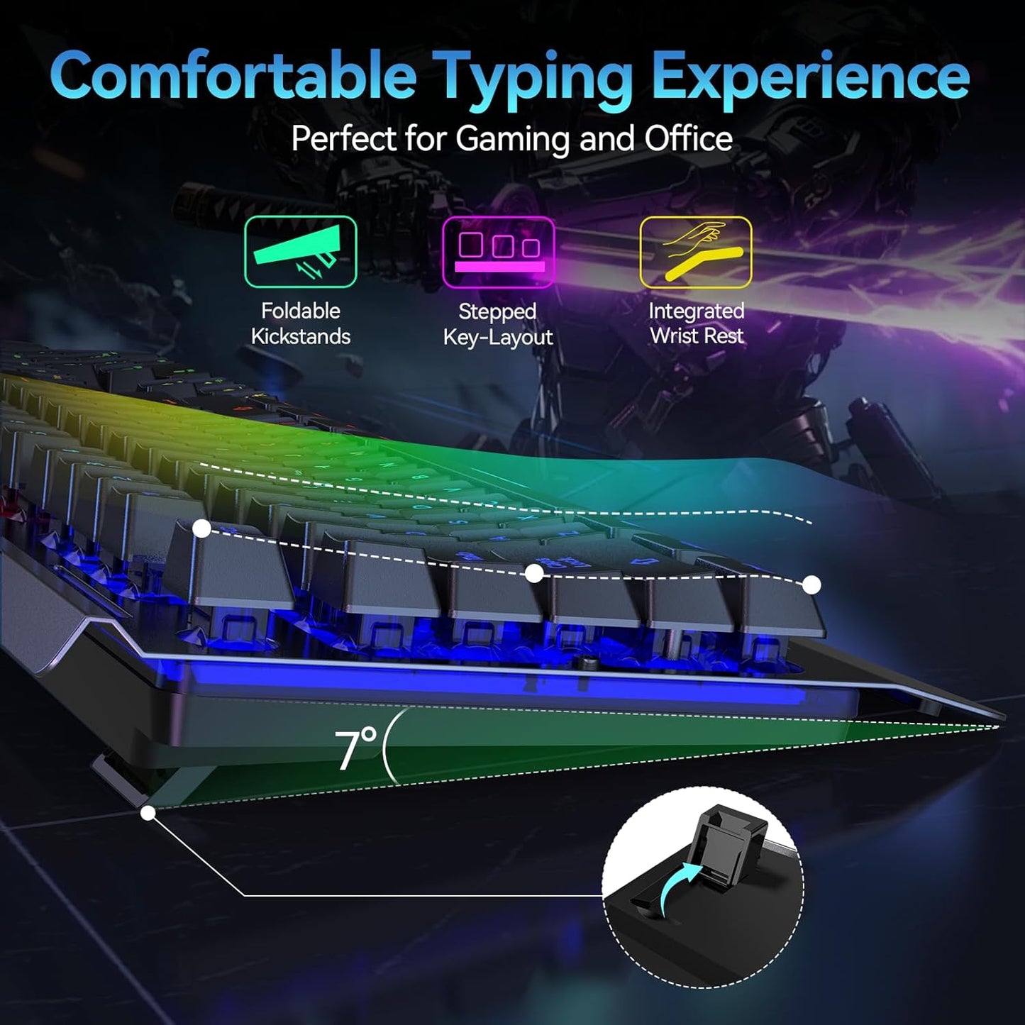 Wireless Keyboard – 2.4G & Wired, RGB Backlit, Quiet Keys, 4000mAh Battery, Metal Panel