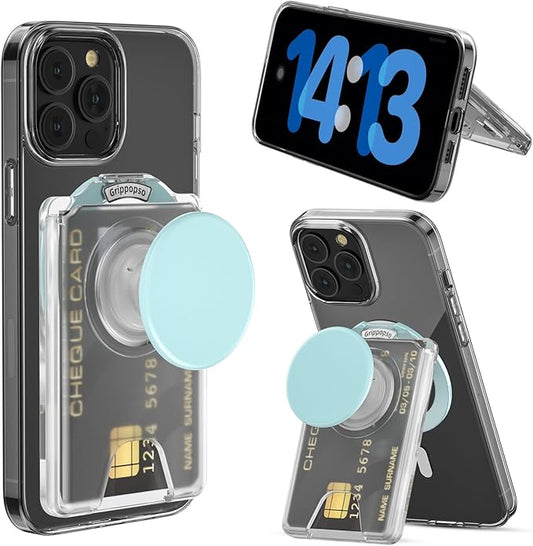 for MagSafe Wallet Stand, Magnetic Wallet Stand Adjustable, Phone Stands Card Holder with Secure Grip, for Samsung S25 S24 S23 Series and for iPhone 17 16 15 14 13 Series,Fit 3 Cards,Translucent Blue