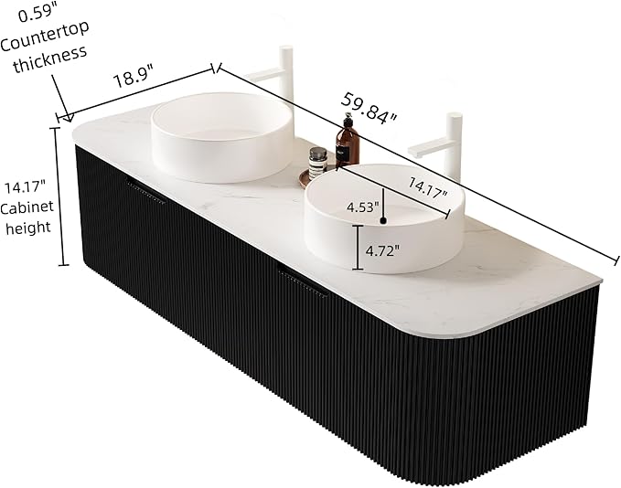 KEIKI 60" Bathroom Vanity with Sink, Wall-Mounted Floating Bathroom Vanity with Curved Edge Striped Front, 2 Drawers & 2 Round Ceramic Basins, Pre-Assembled Storage Cabinet, Black