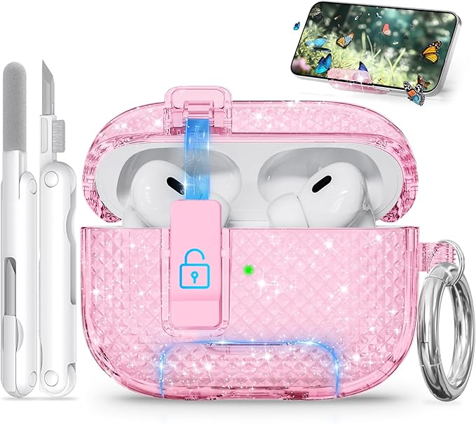 for AirPods Pro 2 Case with Phone Stand & Secure Lock, Auto-Open Clear Cover Compatible with Apple AirPods Pro 2nd/1st Gen (2023,2022,2019) with Cleaning Kit & Keychain (Shine-Clear Pink)