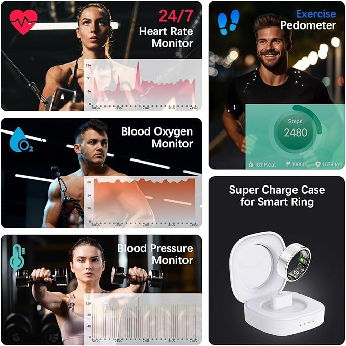 Health Tracker Ring, Smart Health Ring for Women Men with Heart Rate, Blood Oxygen, Sleep Monitor, Steps,Calories, No Subscription Fee, IP68 Waterproof Smart Ring for iPhone & Android (Silver, 11#)