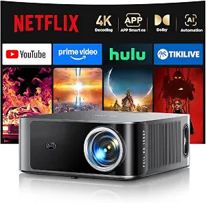 Smart-Projector-4K with WiFi6 and 2Way Bluetooth [4K Decoding/36W Dolby Audio/APPs] Outdoor Movie Proyector Compatible with Netflix, AI Auto Focus, HDR10, Home Theater Projector for Bedroom/Ceiling