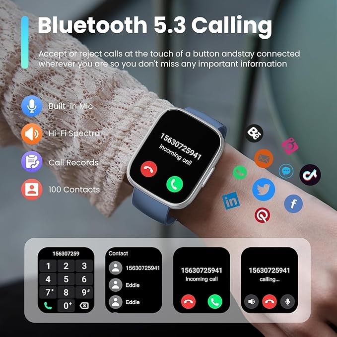 Smart Watch for Men Women, 1.95" HD Touchscreen Fitness Tracker with Bluetooth Calling, Fitness Watch with 110+ Sports Modes/Heart Rate/Sleep Monitor, IP68 Waterproof Smartwatch for Android iOS, Blue