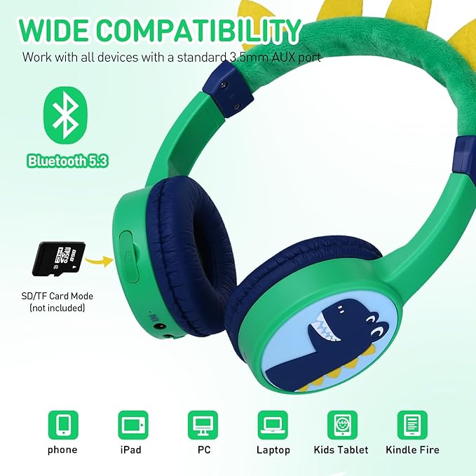 Dinosaur Wireless Headphones for Kids, Bluetooth Kids Headphones with Safe Volume 85dB, 3.5mm Wired Cable, Toddlers Boys Headset for iPad Tablet Home Travel
