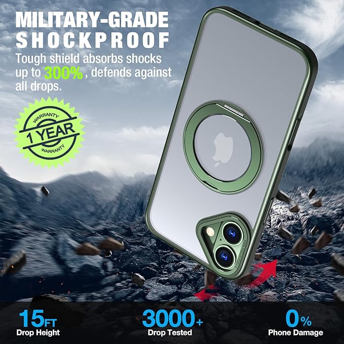 for iPhone 16 Case with Screen Protector & Lens Protector [15 FT Military Drop Protection] Magnetic Kickstand Compatible with MagSafe Slim Translucent Case (Deep Green)
