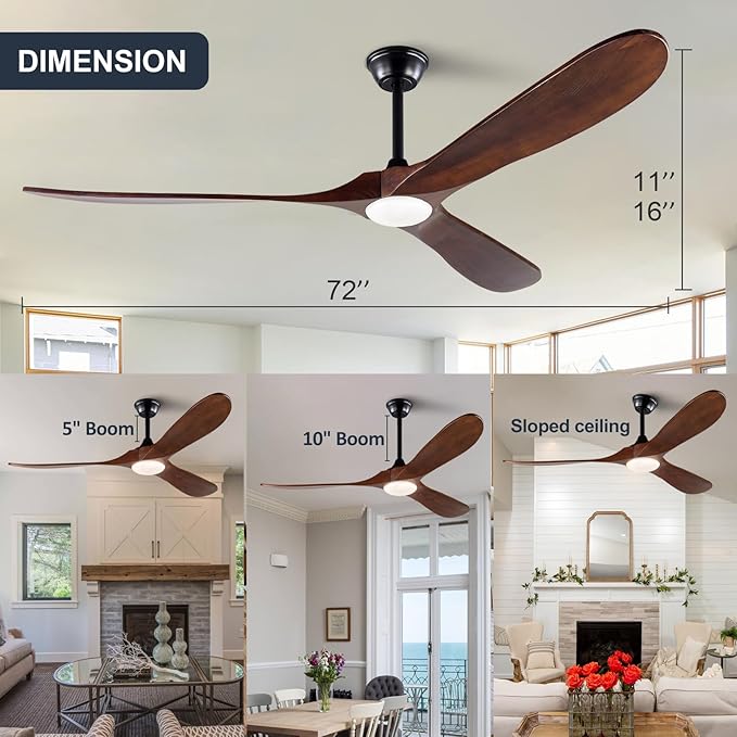 72 Inch Large Ceiling Fans with Lights and Remote,Modern Ceiling Fan with Light,3 Wood Blades,Quiet Reversible DC Motor,Indoor Outdoor Ceiling Fan for Patios Living Room Bedroom Study