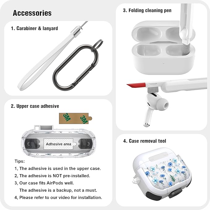 WENEW Case for AirPods 4th Case Cover Secure Lock Automatic Snap Switch Clip Cleaner Kit Lanyard Women Stylish Flower Armour Hard Shell Full Body Front LED Visible (Blue Flower, AirPods 4th)