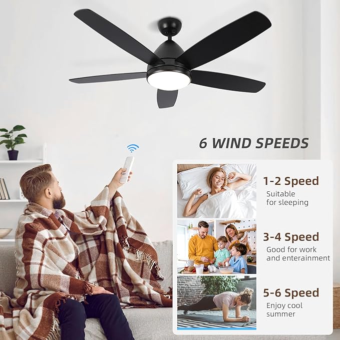 Smart Ceiling Fan with Light, 52 Inch Modern Black Outdoor Ceiling Fan and Remote/App, Dimmable Tri-Color LED and Reversible Motor for Indoor Bedroom/Outdoor Covered Patio