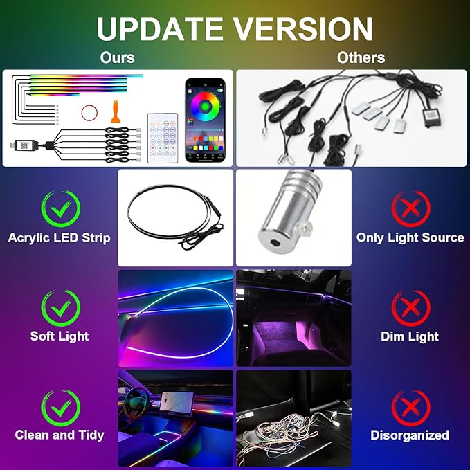 Acrylic Interior Car Lights, 6 in 1 Dreamcolor Ambient Lighting Kit with Wireless APP/Remote/Button Control, USB Car Inside Lighting Accessories with Music Mode for Vehicle Decoration