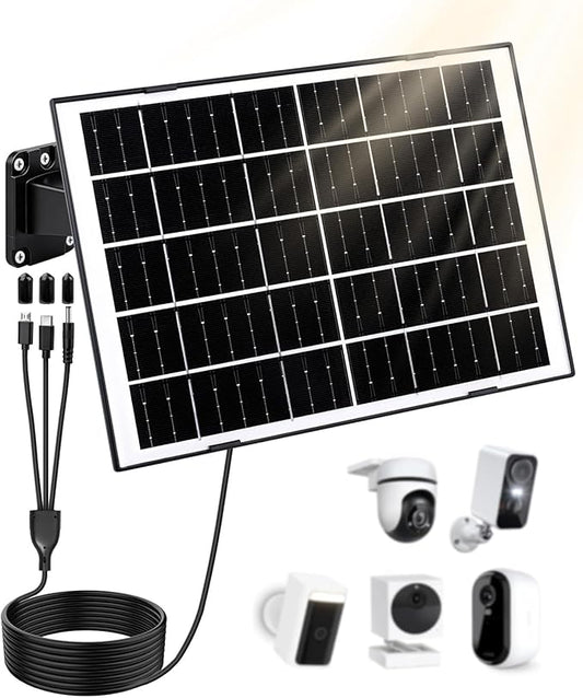 8W Solar Panel for Security Camera, Solar Panel Charger with 5V USB-C/Micro/DC 3.5mm Ports 9.8ft Cable & 360°Integrated Mount, IP65 Solar Panels for Ring/Reolink/Eufy Built-in Battery Camera