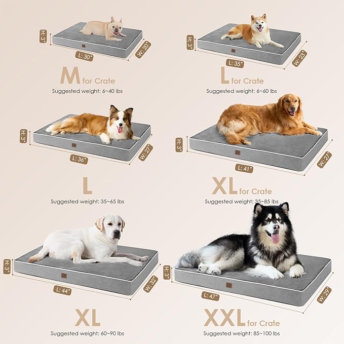 EHEYCIGA Memory Foam Dog Bed Orthopedic 47"x29"，Waterproof Pet Bed for XXLarge Dog Bed ，Washable Pet Mat with Removable Cover, Grey