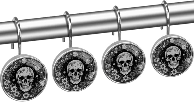 12 Packs Gothic Skull and Floral Shower Curtain Hooks, Stainless Steel Glass Shower Curtain Rings for Bathroom Decor, Metal Rustproof Curtain Rod Hooks